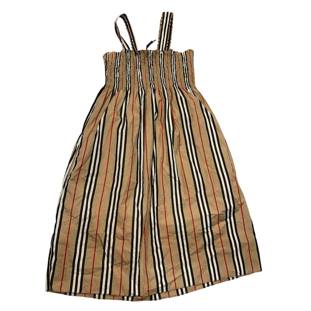 Burberry Girls' Junia Icon Stripe Dress Size 12Y Tan Red Black White Thick Strap